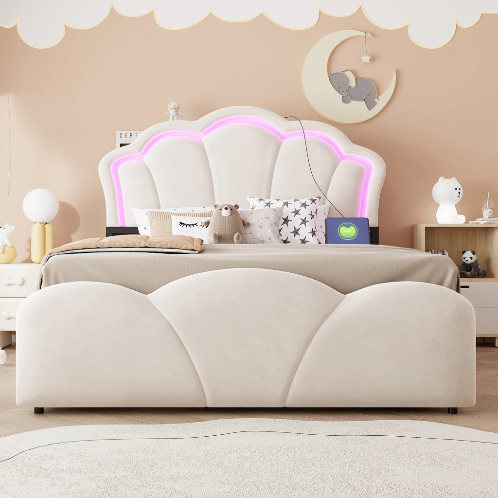 DESMIU Letto contenitore 140 × 200 cm 2 posti con LED, prese e vani testiera, senza materasso, beige