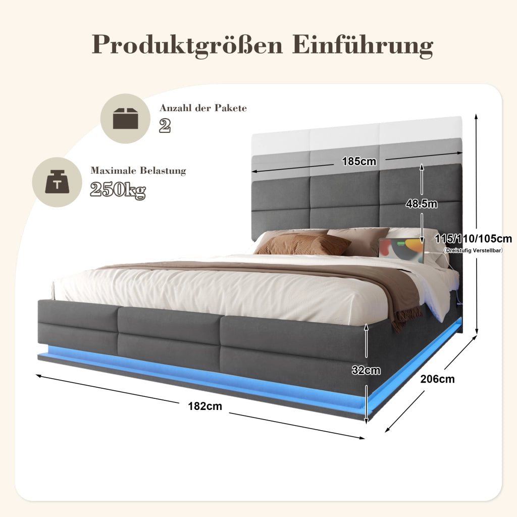 OKWISH Letto Contenitore 180×200 cm, Letto Matrimoniale con USB, Tipo C, LED Regolabile e Testiera Regolabile, senza Materasso, Velluto, Grigio Scuro