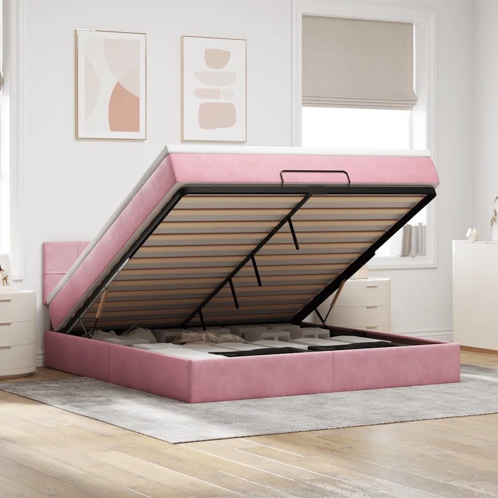 Pouf Letto con Materasso e LED Rosa 180x200cm in Velluto 3312643