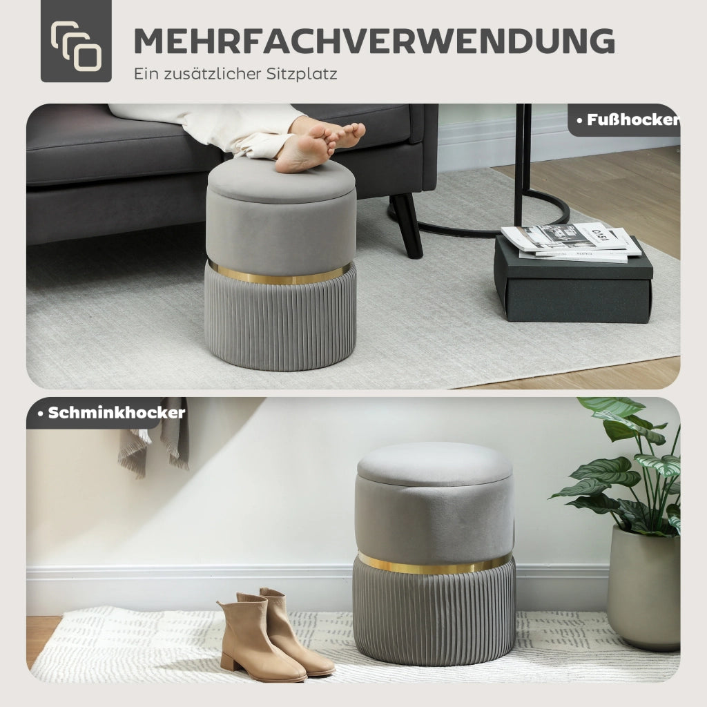 Pouf Contenitore Rotondo ¨C Xylo ¨C Velluto Grigio Chiaro con Coperchio Rimovibile