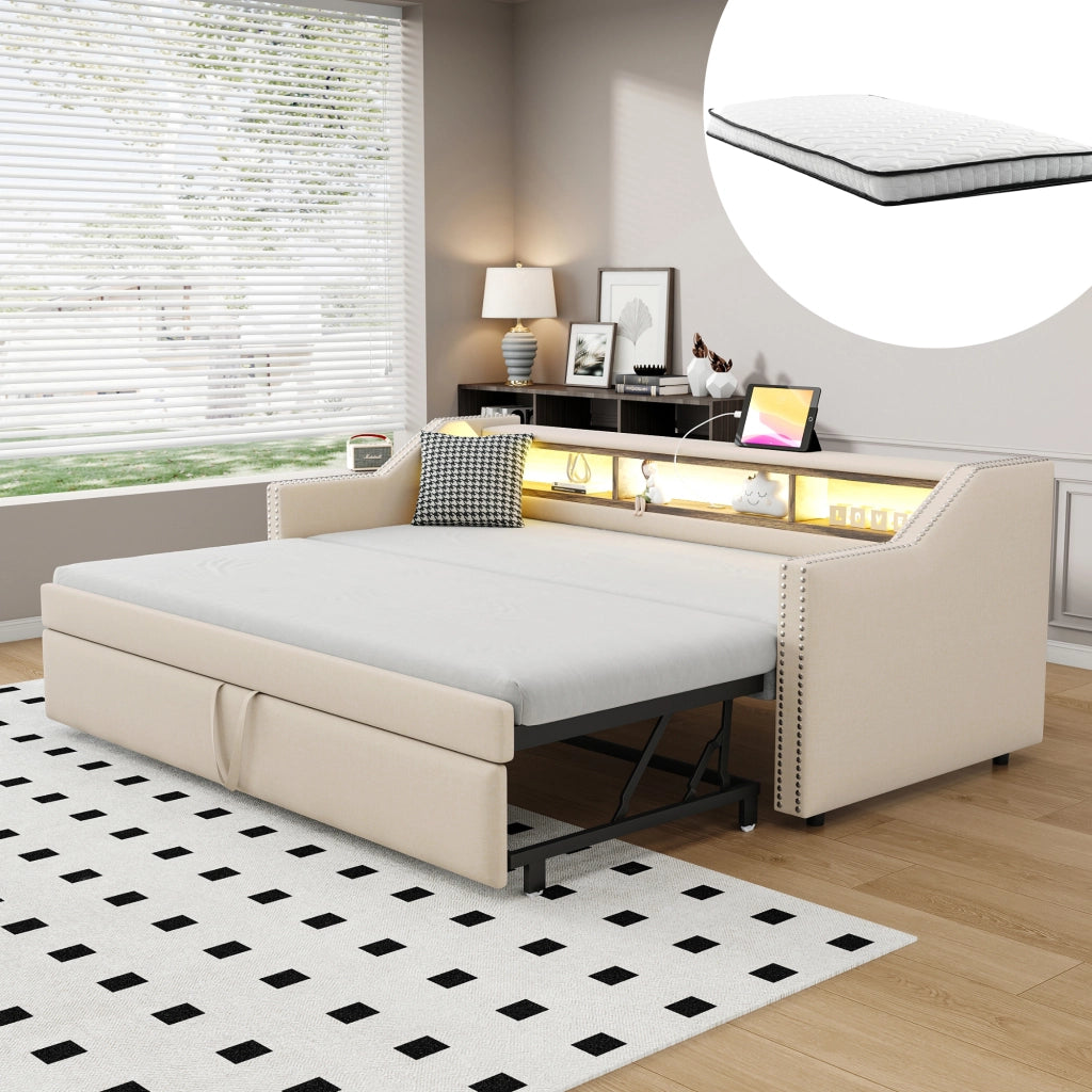 Letto estraibile matrimoniale 90×190 cm e 180×190 cm con LED; USB e ripiani; materasso incluso; beige