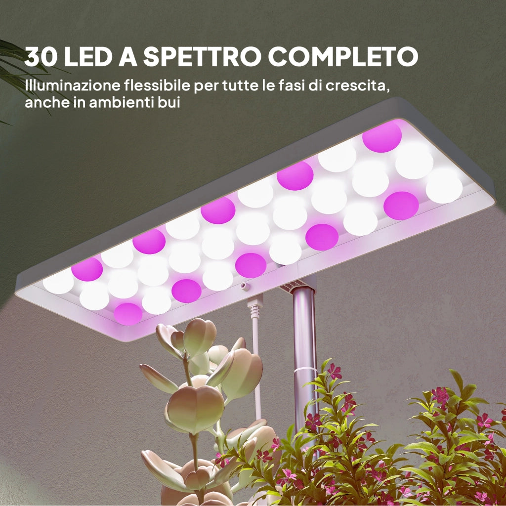 Lampada per Piante LED 30 Luci ¨C Xylo ¨C con 3 Vasi, Timer, Regolabile, 31.8x13.4x18.6-35.6 cm, Bianco