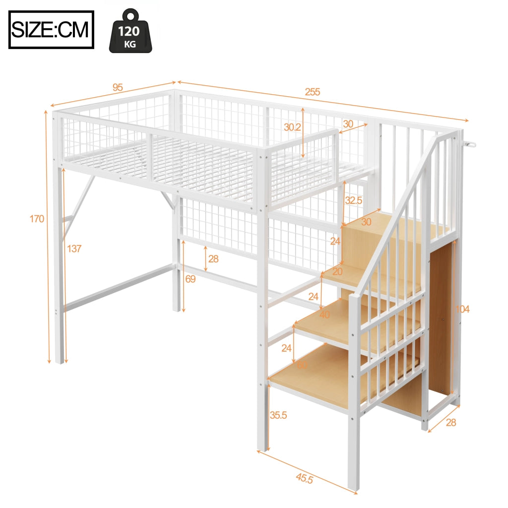 Letto a castello funzione letto con scala e spazio contenitivo in metallo bianco 90x200 cm