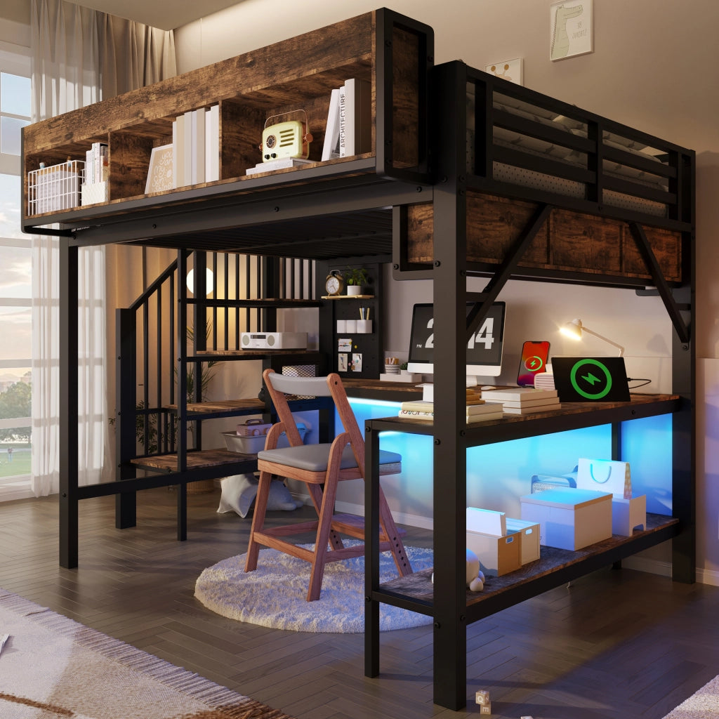 Letto a soppalco 140x200 cm vintage marrone-nero con scrivania, LED, prese USB e contenitore