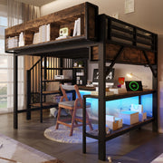 Letto a soppalco 140x200 cm vintage marrone-nero con scrivania, LED, prese USB e contenitore
