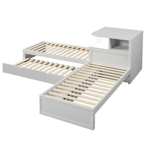 Letto singolo con letto estraibile 90x200 cm LEMONMAX, contenitore con ante scorrevoli e LED, salvaspazio per cameretta, pino e MDF, bianco