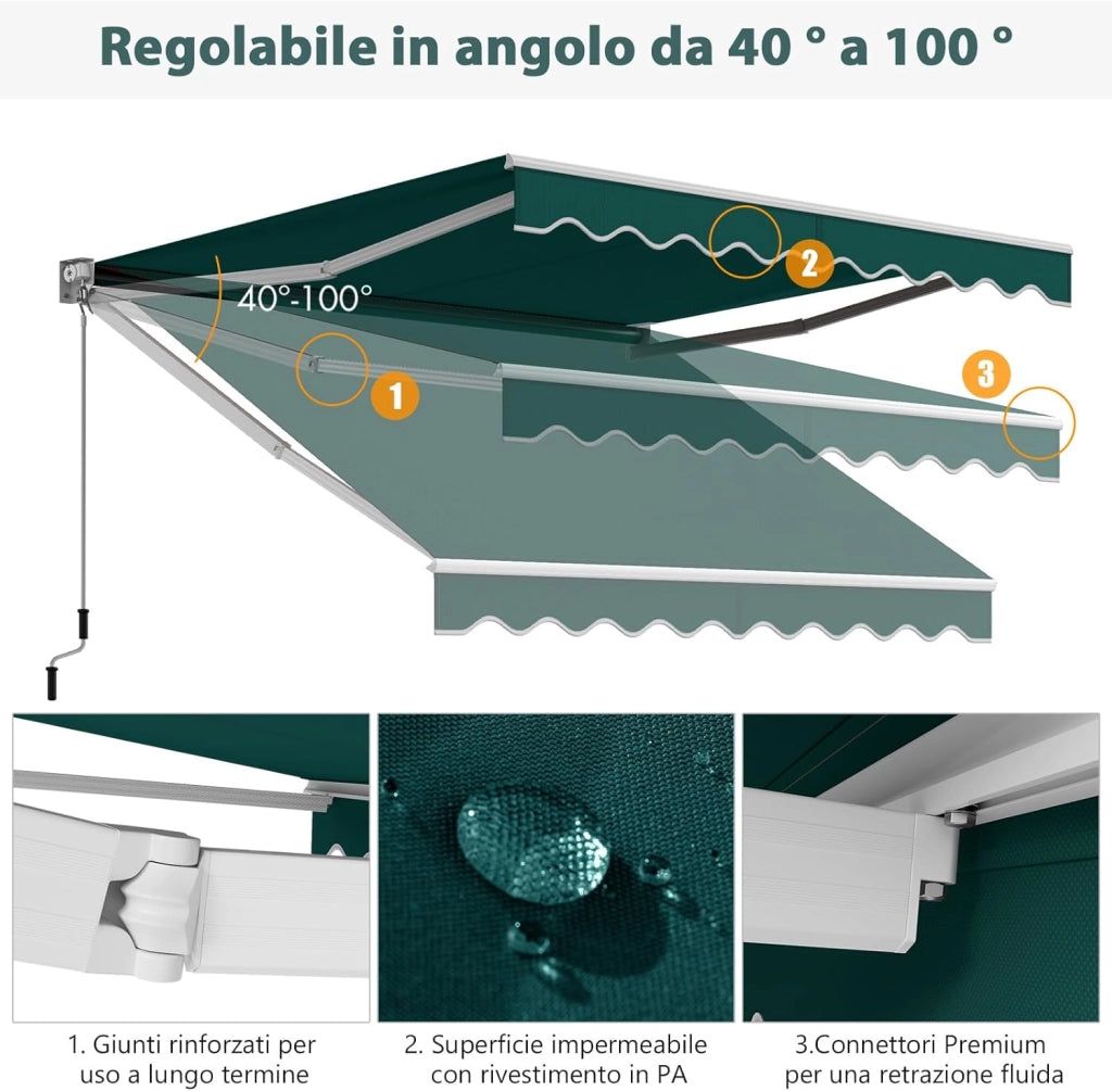 Tenda da Sole per Esterno Avvolgibile, Tenda da Sole a Bracci Estensibili con Telaio in Alluminio e Tettuccio Resistente al Sole e Impermeabile e Manovella (295 x 250 cm,Verde)