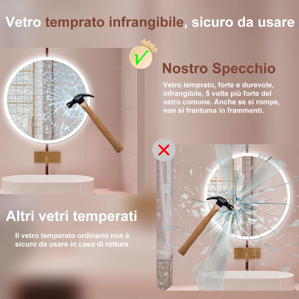 AICA Specchio da bagno 70 x 70 cm, 3 colori, antiappannamento, dimmerabile, interruttore touch, Funzione Memoria