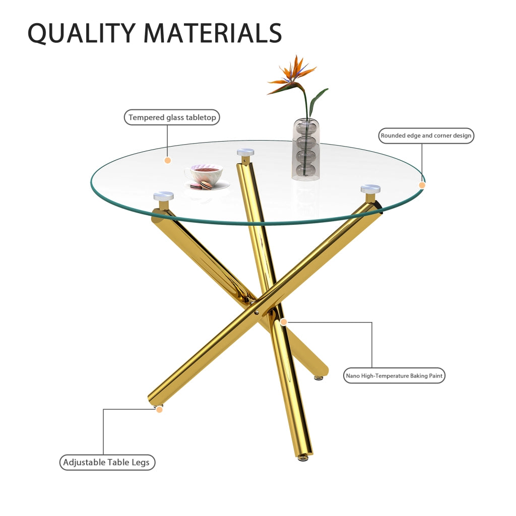Tavolo da pranzo rotondo in vetro temperato gambe dorate 80x80x76 cm stile minimalista moderno