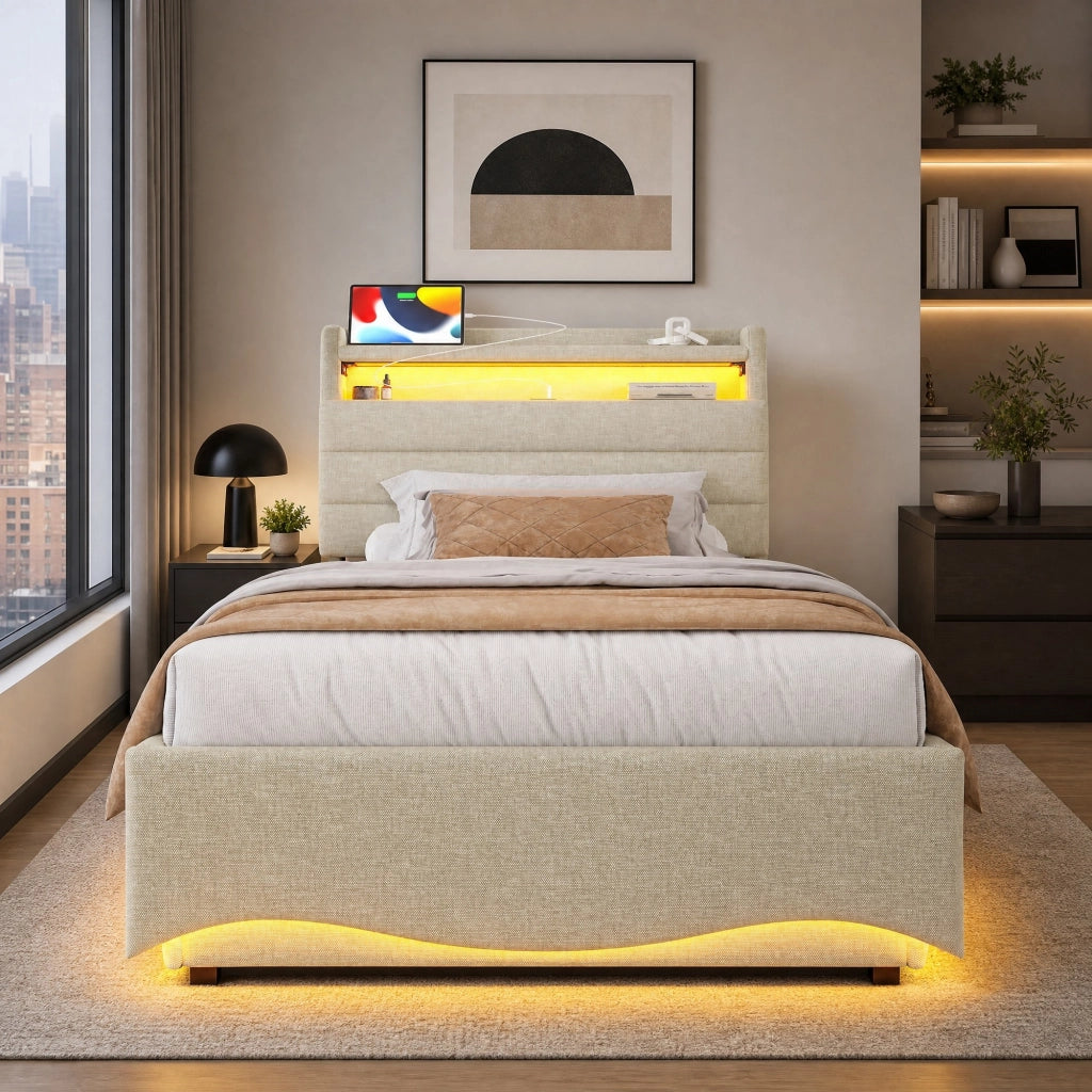 LETTO Contenitore 90x200 cm in lino beige con LED, USB e Type-C