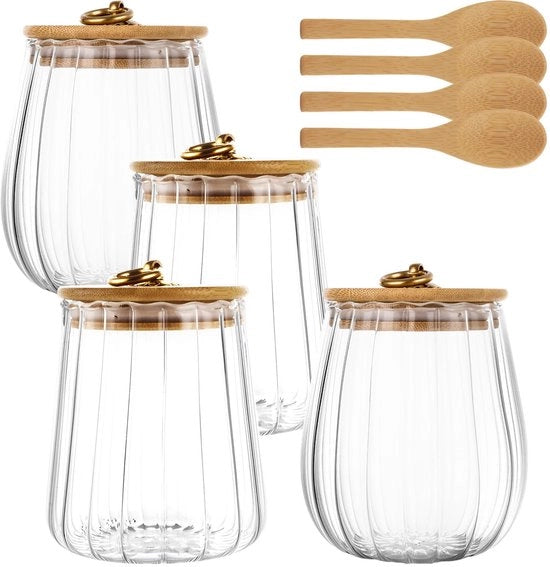 Set di contenitori per conservazione da 4 - Contenitori per scorta con coperchio in legno - Sostenibile e BPA libero - 650 millilitri - Adatto per caffè in grani e caramelle - ...
