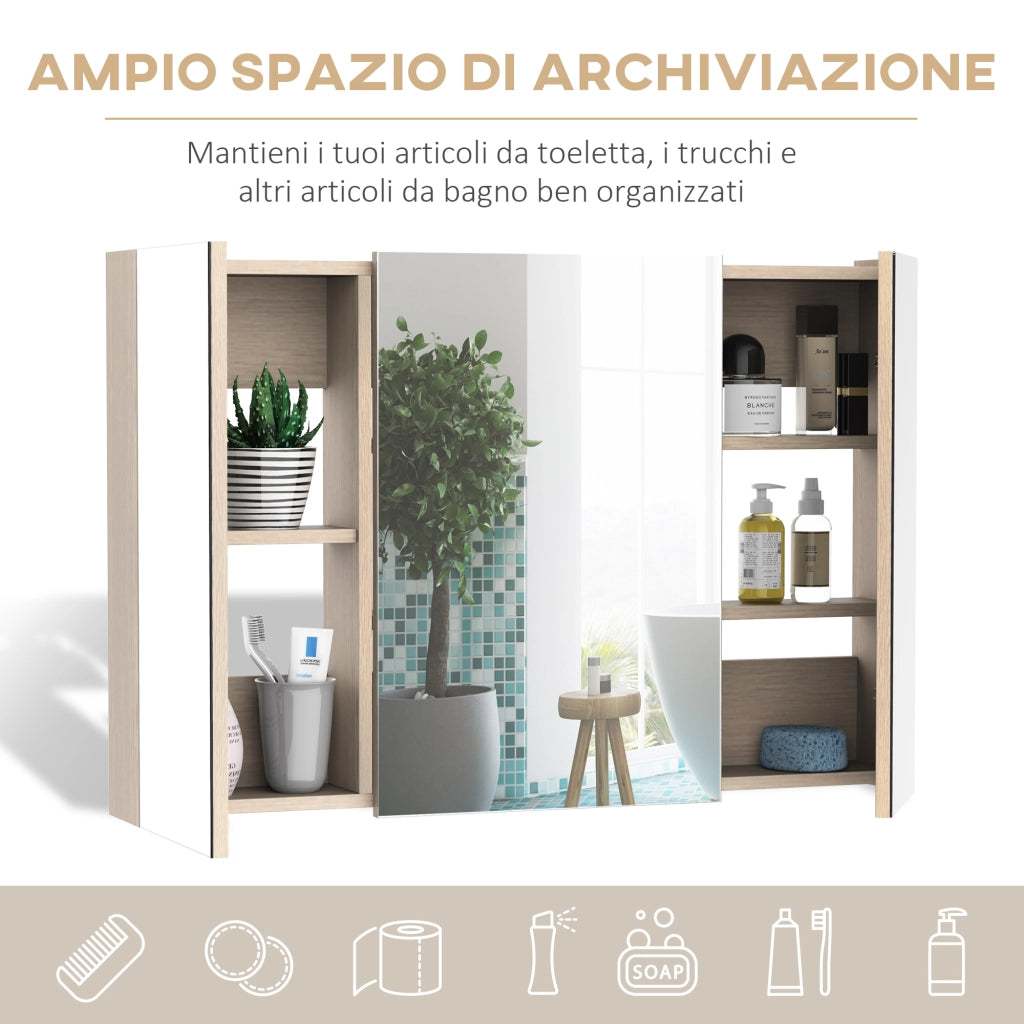 Specchio Bagno Contenitore con 3 Ante a Specchio Soft Close, Specchiera Bagno con Ripiani Regolabili in Legno e Vetro, 90x13.5x60 cm, Color Legno
