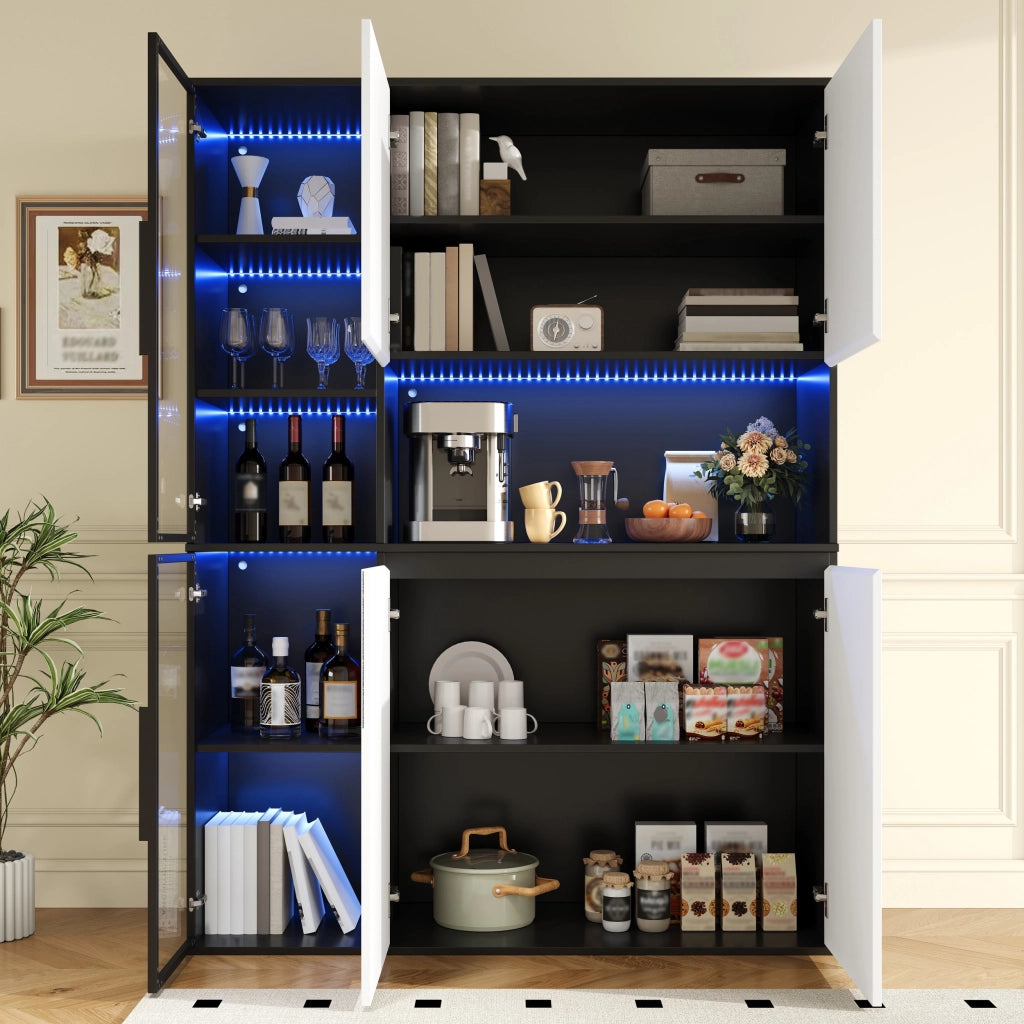 Vetrina, credenza, ante in vetro, luci a LED, MDF, bianco e nero