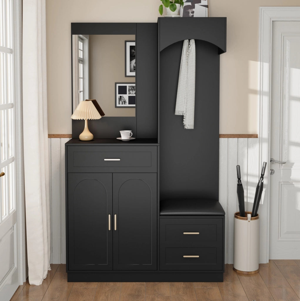 Guardaroba da ingresso 110x33x185.5 cm con scarpiera; specchio e panca nero