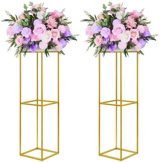 Due pezzi di supporto per vaso in metallo da 80 cm, punti centrali dorati, supporto per vaso con lastre di acrilato trasparente, display geometrico per decorazioni di matrimonio