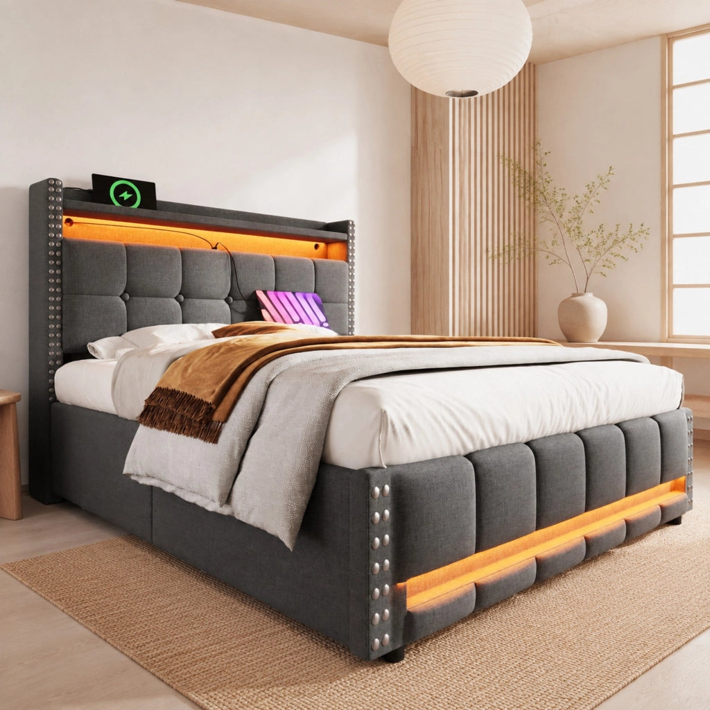 LETTO Imbottito matrimoniale 140x200 cm grigio con LED, USB e cassetti