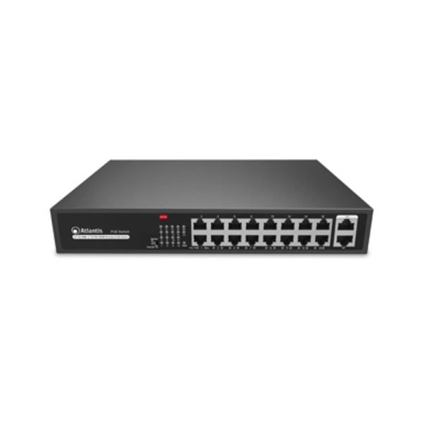 Atlantis switch gigabit poe a02-g18p16-200w 18 porte di cui 2 gigabit 16 poe 10/100mbps sino a 185w (200w tot) incl kit rack-19