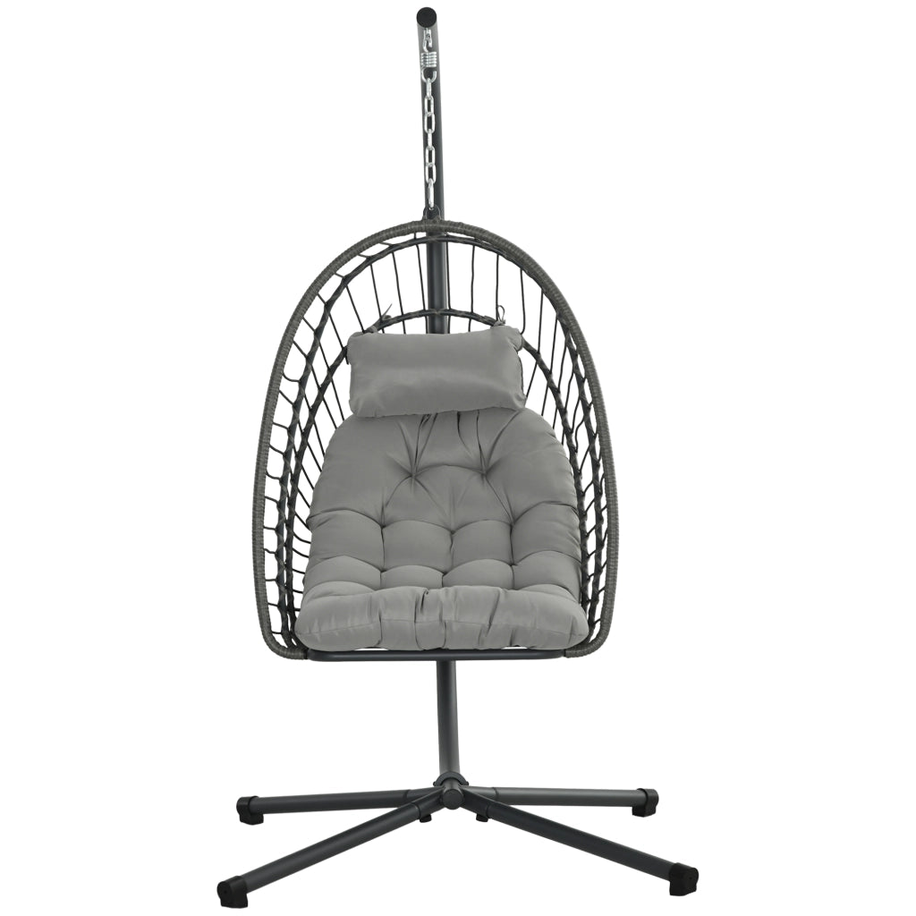 Poltrona Sospesa in Rattan PE con Cuscino, Seduta Pieghevole e Struttura in Acciaio, Grigio