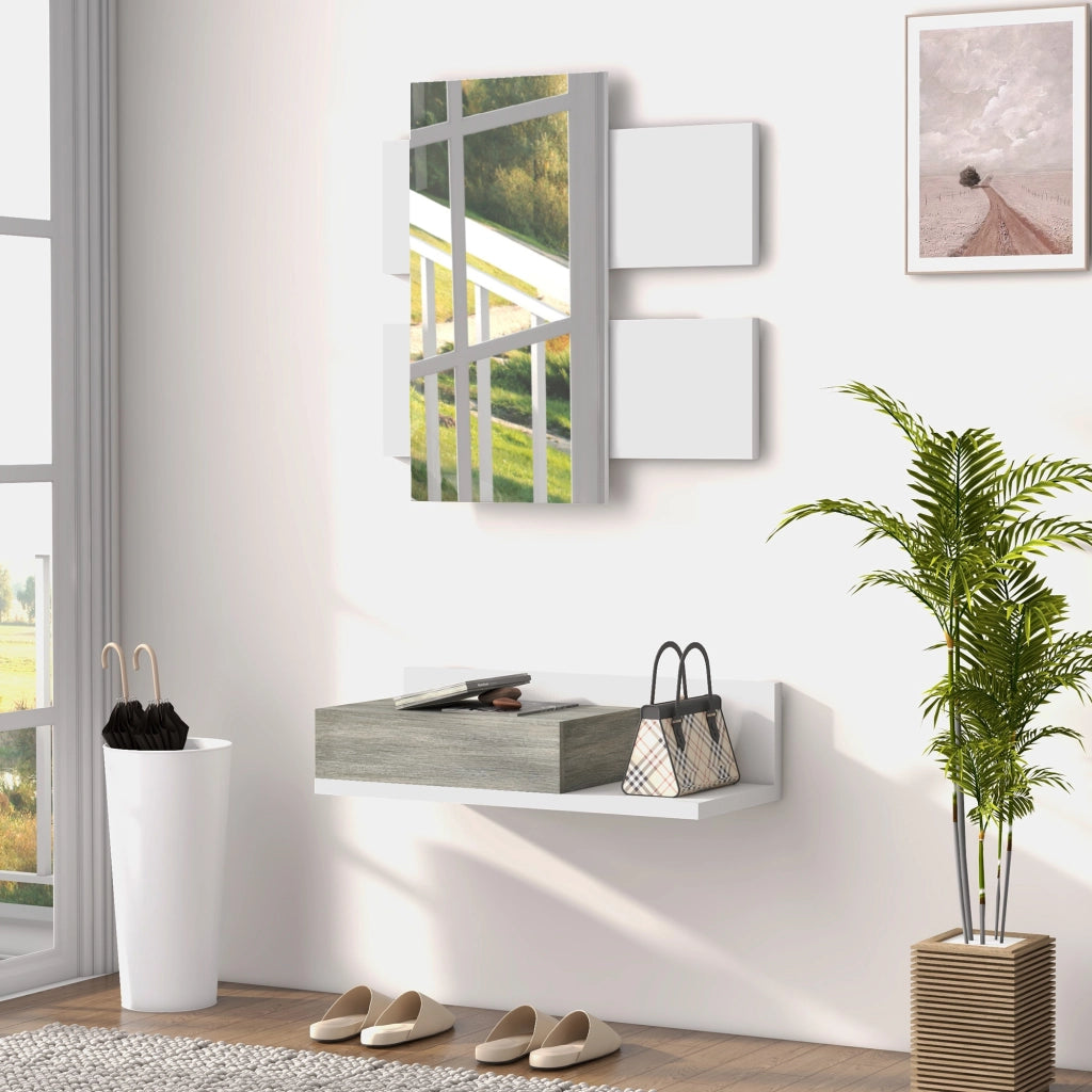 Mobile Ingresso con Specchio e Cassetto ¨C Zephmum ¨C Bianco e Grigio 75x3.5x75 cm