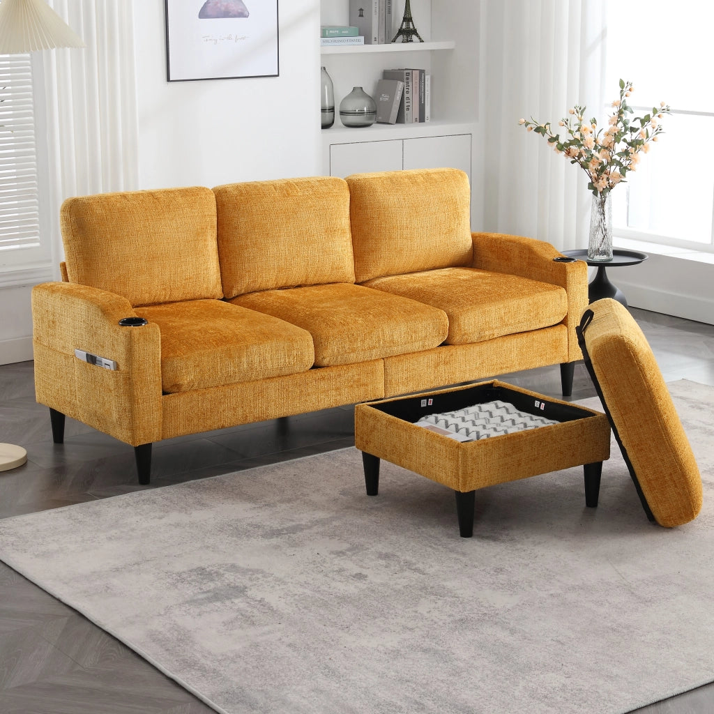 Divano 4 Posti con Poggiapiedi e Contenitore ¨C MINIMAL ¨C Velluto, Braccioli, Portabicchieri
