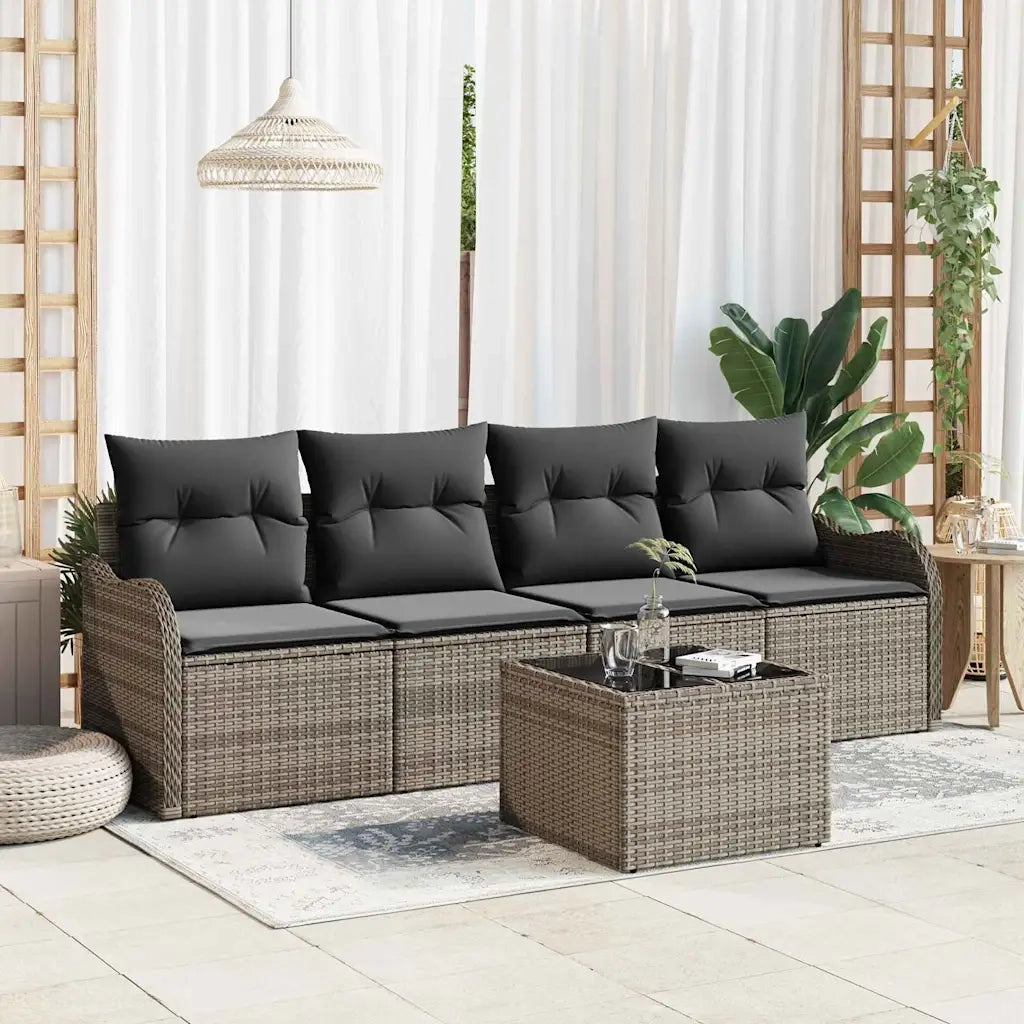 Set Divano da Giardino 5 pcs Grigio Polyrattan, Acciaio e Vetro 3354238