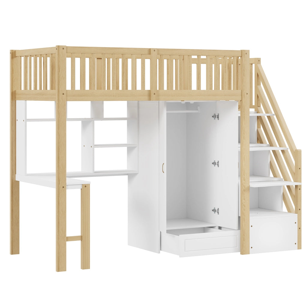 Letto a soppalco singolo 90×200 cm con armadio; scrivania e scala con cassetti; senza materasso; bianco e legno