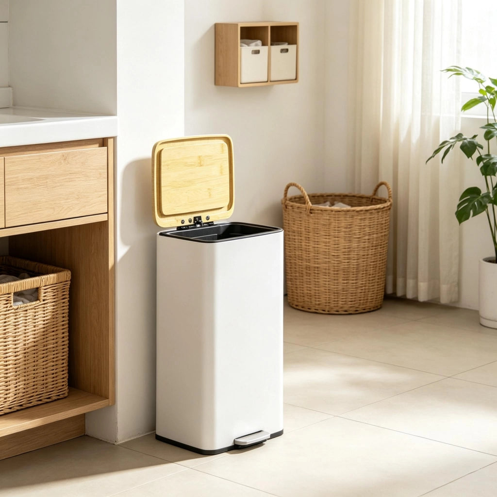 Pattumiera da cucina da 20 litri con pedale, coperchio in bamb¨´ con chiusura ammortizzata, contenitore interno removibile, bianca.