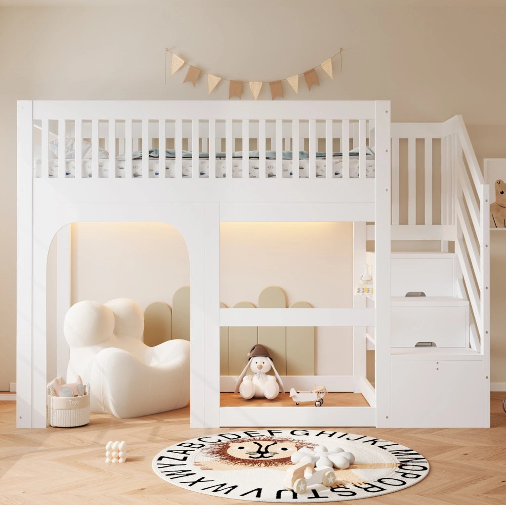 Letto a soppalco per bambini 90x200 cm con scala contenitore e LED