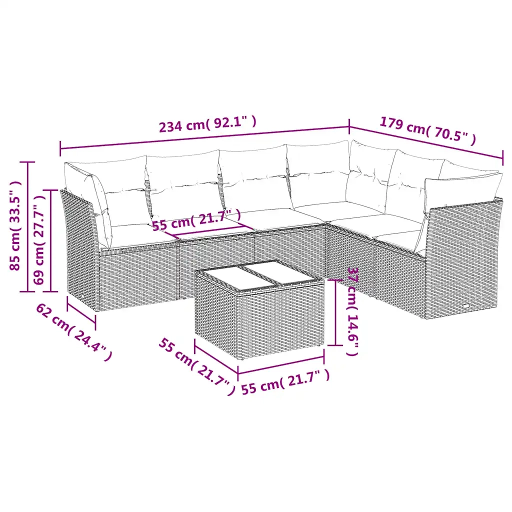 Set Divani da Giardino 7 pz con Cuscini Marrone in Polyrattan