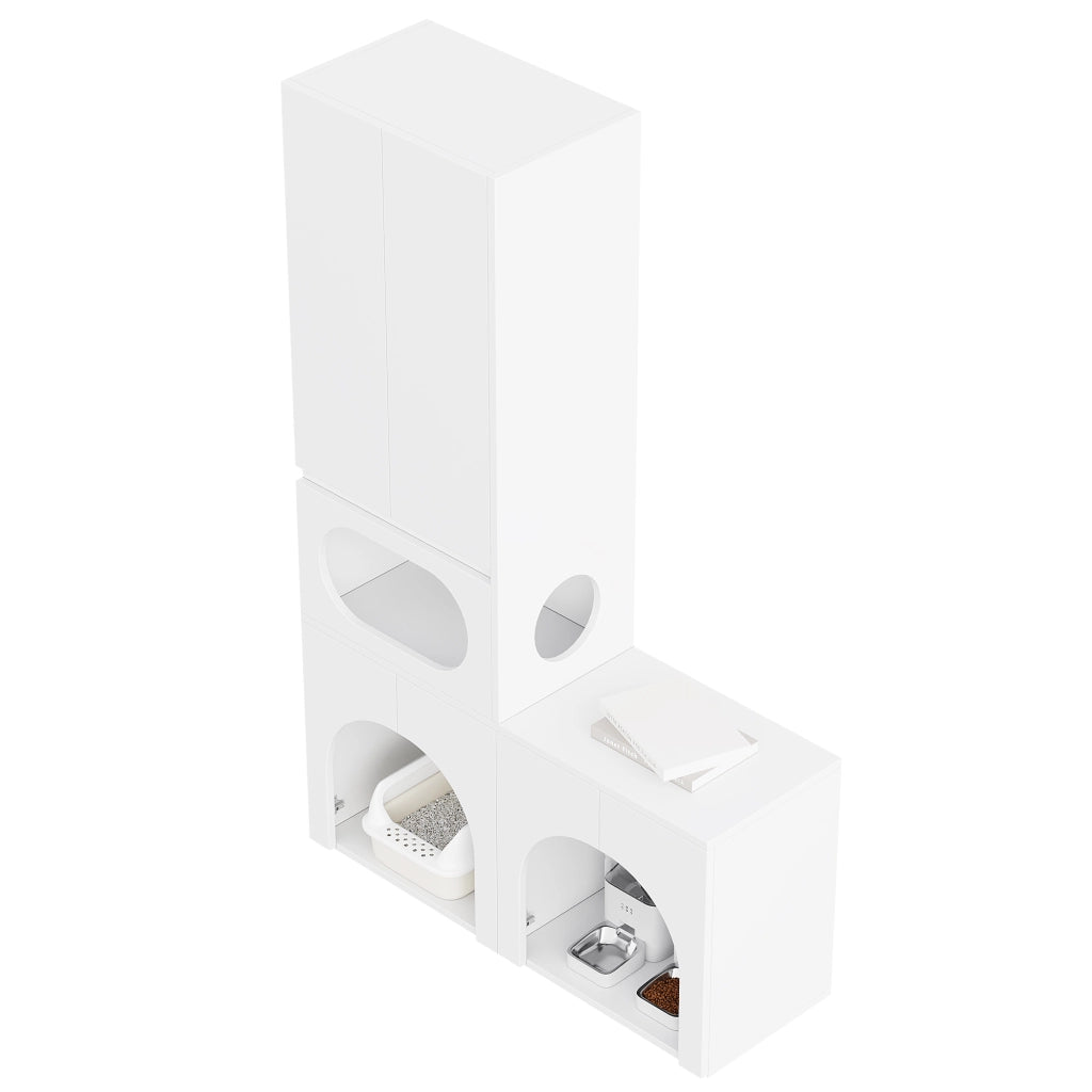 Mobile Lettiera per 2 Gatti 140×45×195 cm con Zona Relax; Armadio Contenitore e Doppio Vano; Bianco