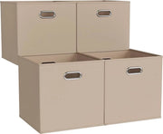 4 Scatole di Archiviazione 33L - Rafforzate - 33x33x33 cm - Materiale Oxford - Maniglie - Cubo Organizzatore - Beige