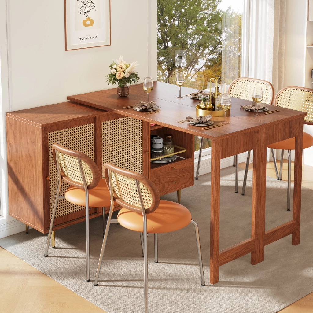 Tavolo Bar Girevole 360¡ã con Anta in Rattan e Ripiano ¨C MINIMAL ¨C Legno Marrone 107x40x71