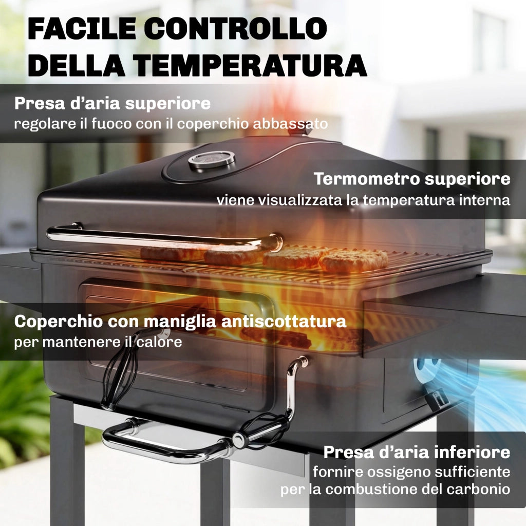 Barbecue a Carbone Affumicatore Portatile ¨C Zephmum ¨C Nero con Ventilazione Termometro Mensole