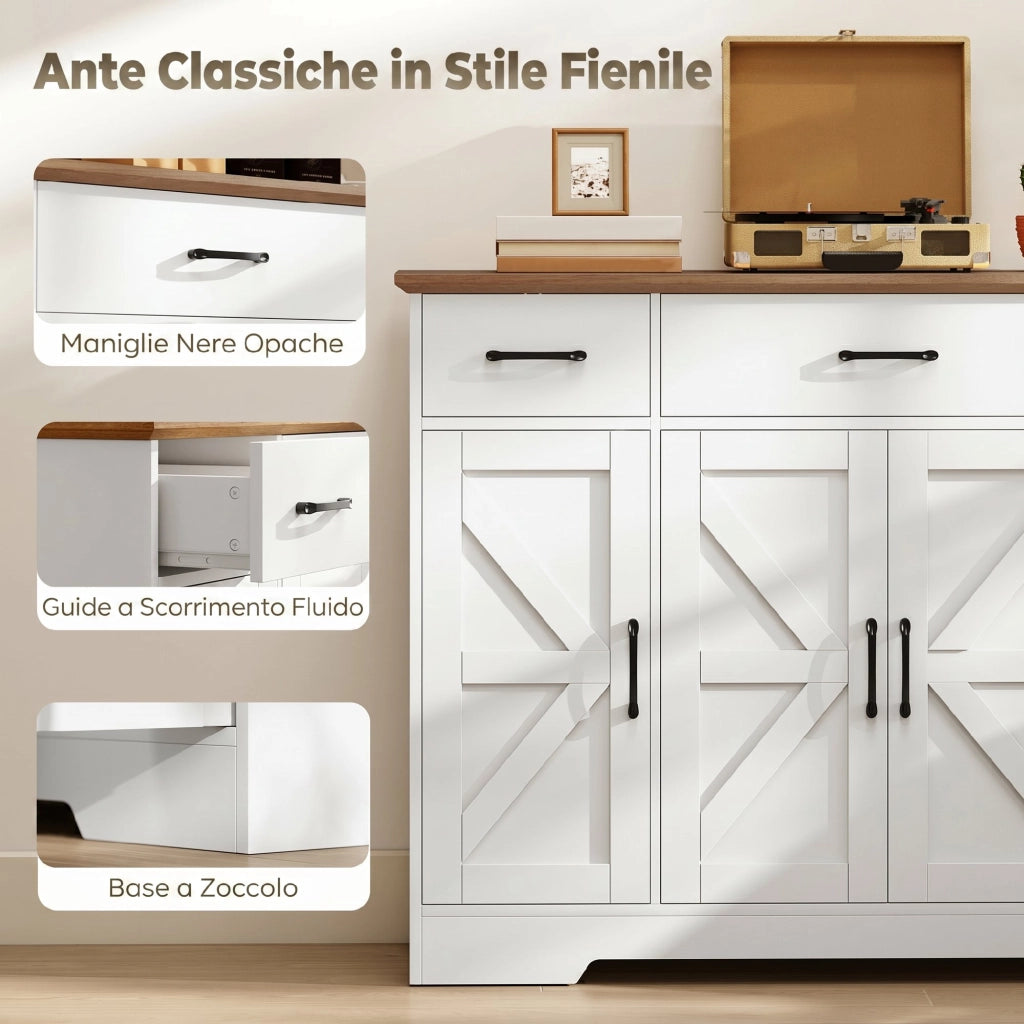Credenza da Cucina Stile Rustico 120x38x87 cm con Ante Soft-Close 3 Cassetti 3 Ripiani Regolabili Portaspezie in MDF