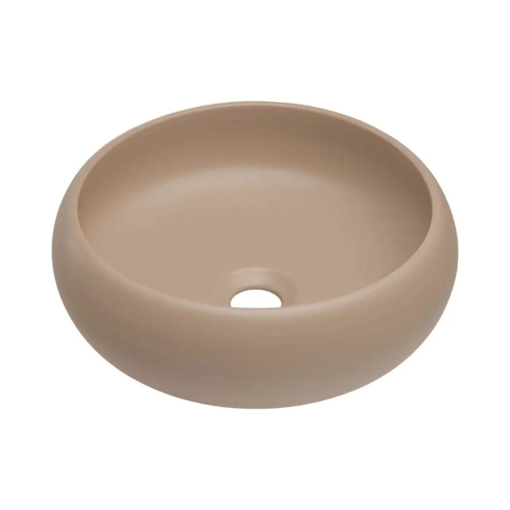 Insieme ICON: mobile sottolavabo 100cm cachemire + piano per lavabo effetto legno + lavabo rotondo da appoggio