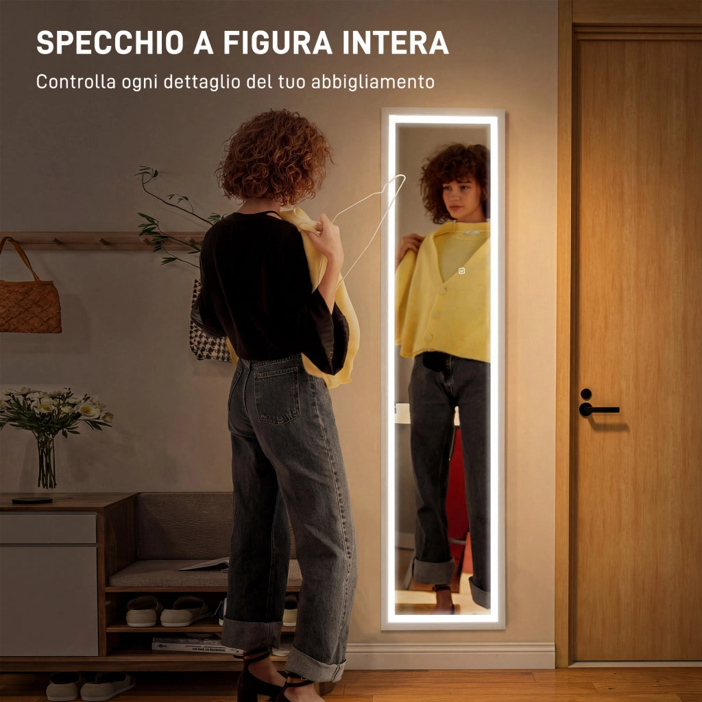 Specchio da Terra con Luci LED Regolabili. 3 Colori. 40x160 cm Specchio da Parete e Autoportante a Figura Intera in Vetro Temperato e MDF con Funzione Memory. per Soggiorno. Bianco
