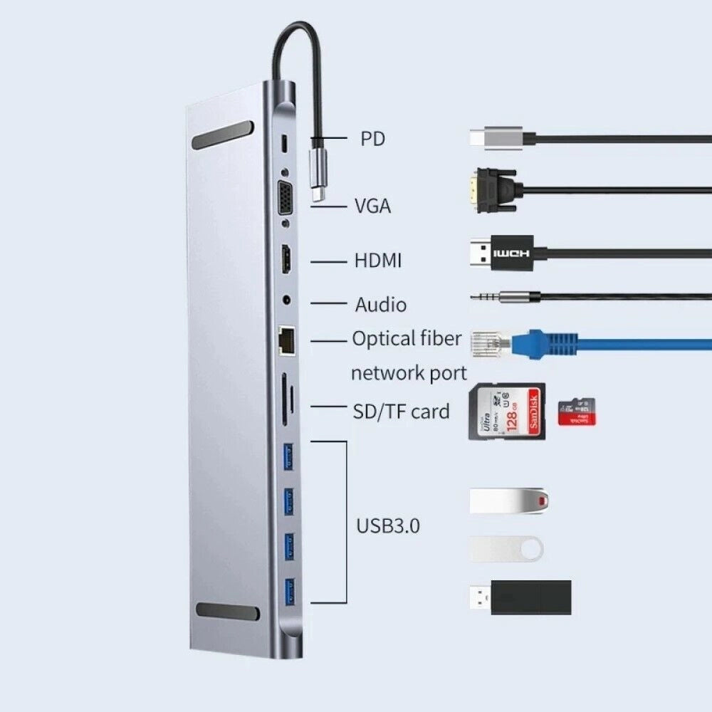 11 in 1 Hub USB Type C adattatore con HDMI 4K VGA ethernet LAN SD audio PD HU990