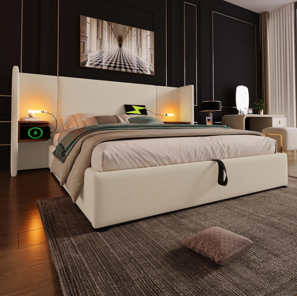 Letto imbottito 160x200 cm con contenitore; luce da lettura e ricarica USB Type-C in lino beige