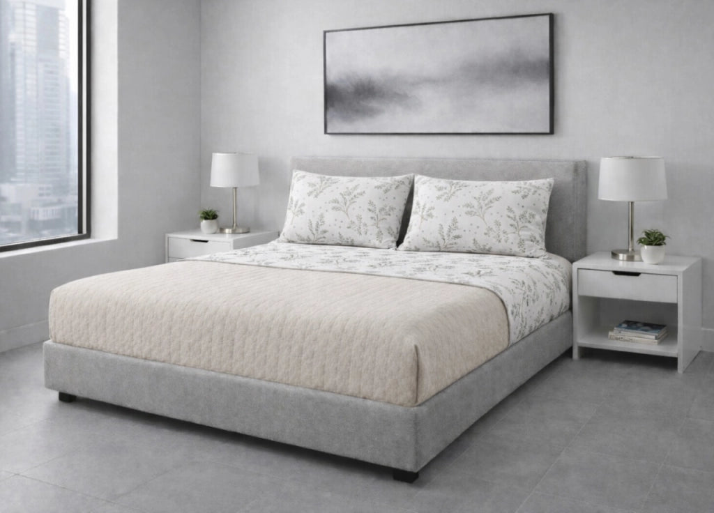 Completo Lenzuola Letto 100% Cotone Made In Italy Disegno Sambuco - Singolo - Perla