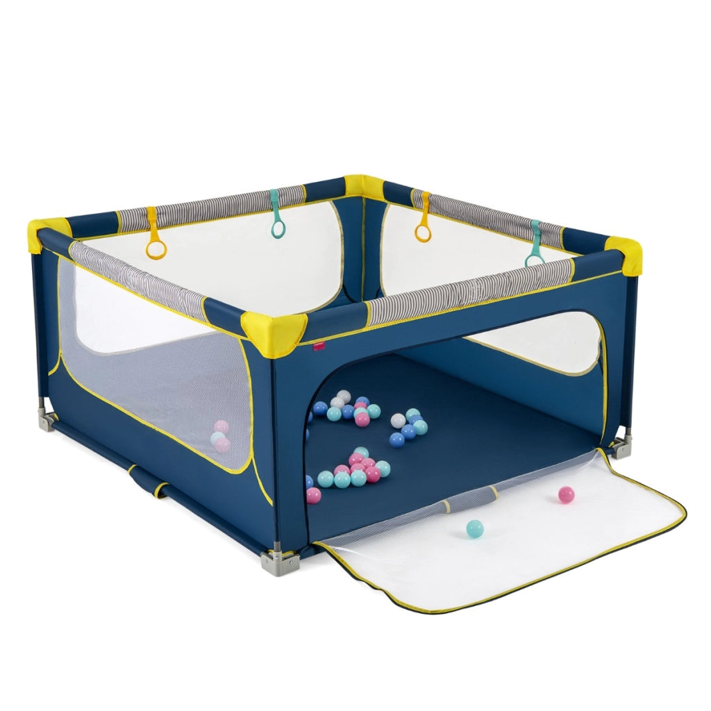 Box pieghevole per bambini con rete trasparente 150 x 150 cm senza montaggio-Recinto per bambini con cancello con cerniera Blu