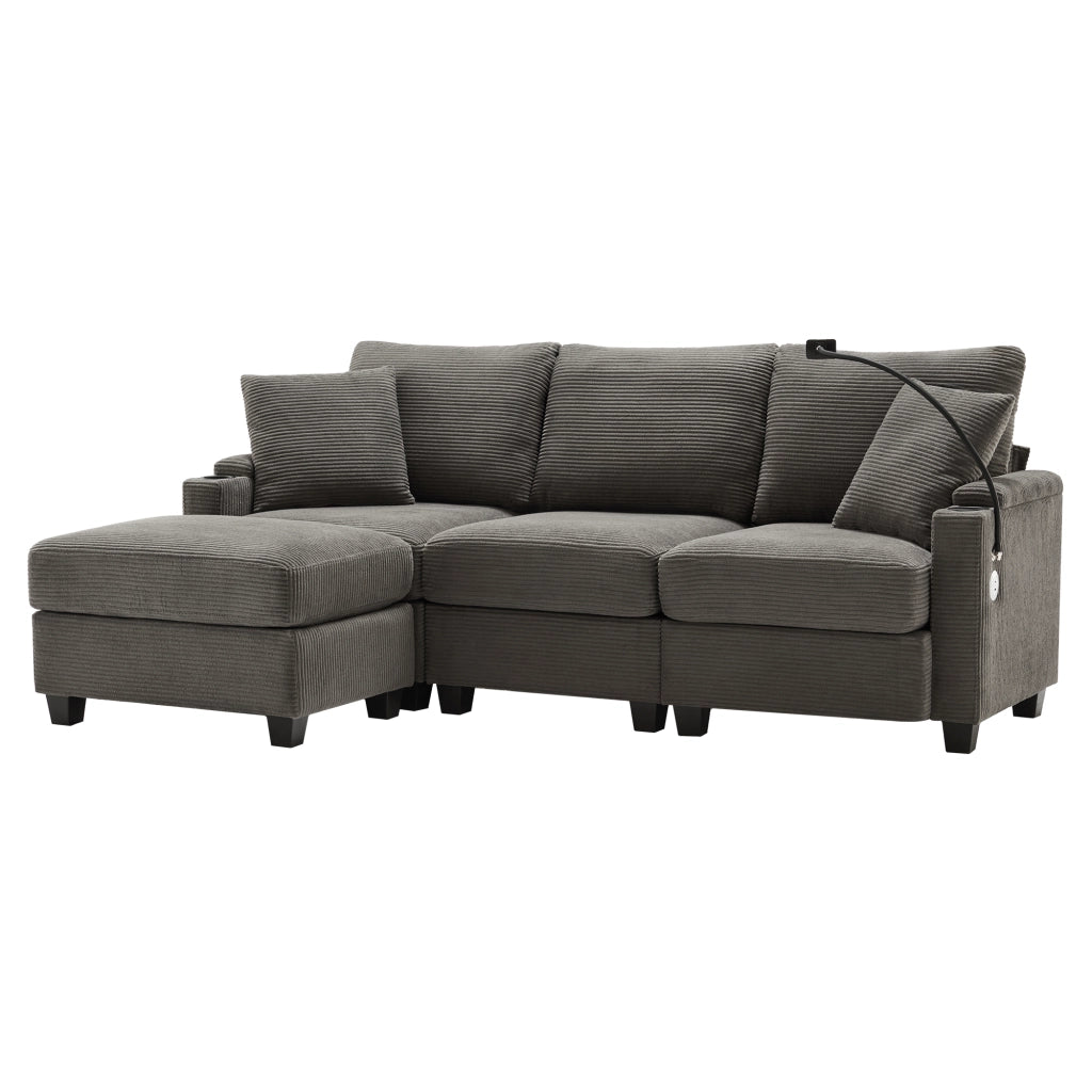 Divano Angolare 3 Posti con Poggiapiedi ¨C MINIMAL ¨C Grigio Scuro, Braccioli, Cuscini