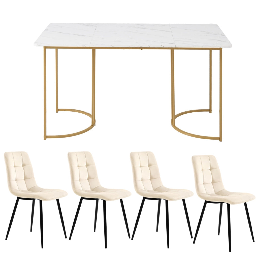 Set Tavolo da Pranzo con 4 Sedie ¨C Xylo ¨C Piano MDF Bianco, Gambe Dorate, Velluto Beige, 140x80 cm