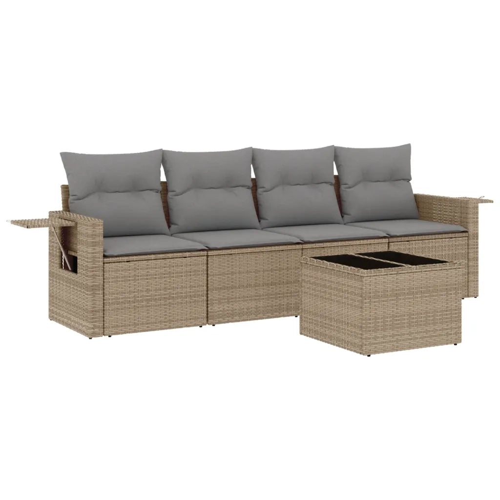 Set Divano da Giardino 5 pz con Cuscini Beige in Polyrattan