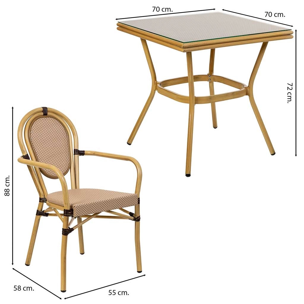 Set tavolo e 2 sedie marrone, tavolo: 70x70x72. sedia (2): 55x58x88