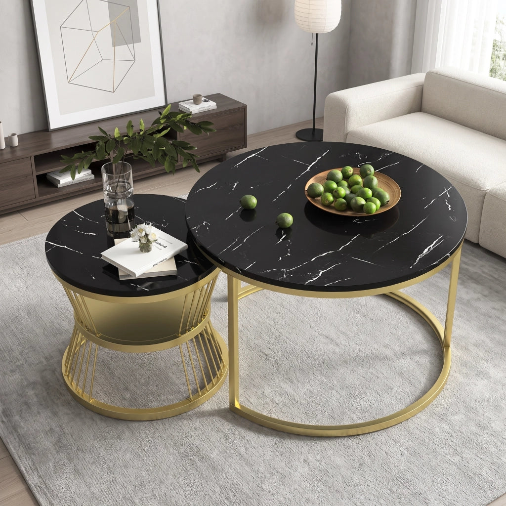 Tavolino salotto rotondo 70x70x45 cm set 2 pezzi tavolino da divano impilabile effetto marmo struttura in metallo - nero