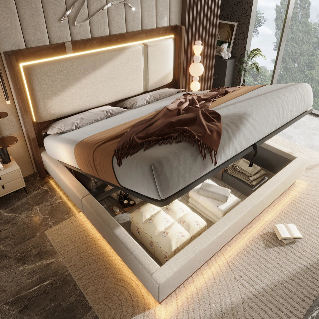 DESMIU Letto Contenitore 140 × 200 cm 2 Posti con LED, Contenitore Idraulico e senza Materasso, in Lino, Beige