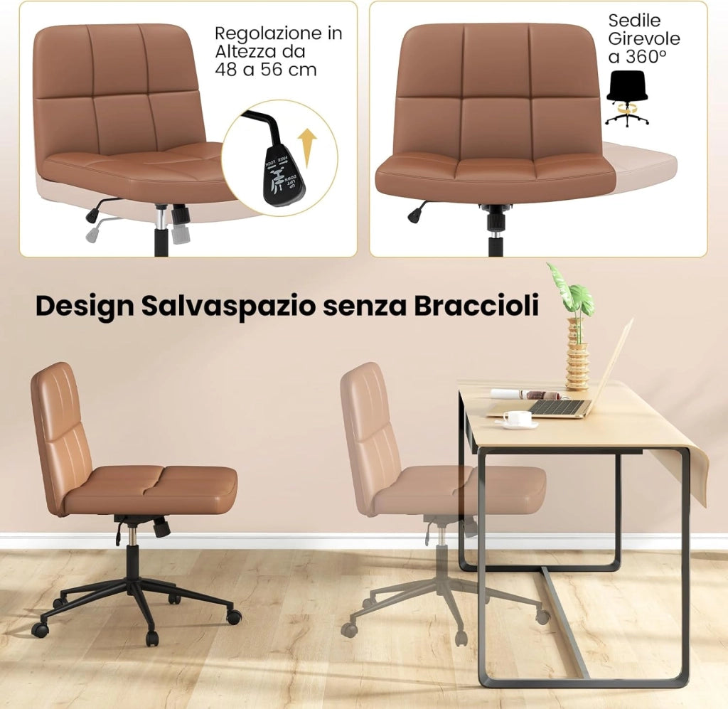 Sedia da Ufficio con Ruote, Sedia Scrivania a Gambe Incrociate Rivestita in Pelle PU, Sedia Ufficio con Altezza e Regolabile Regolabile, Sedai senza Braccioli, Portata 150 kg (Marrone)