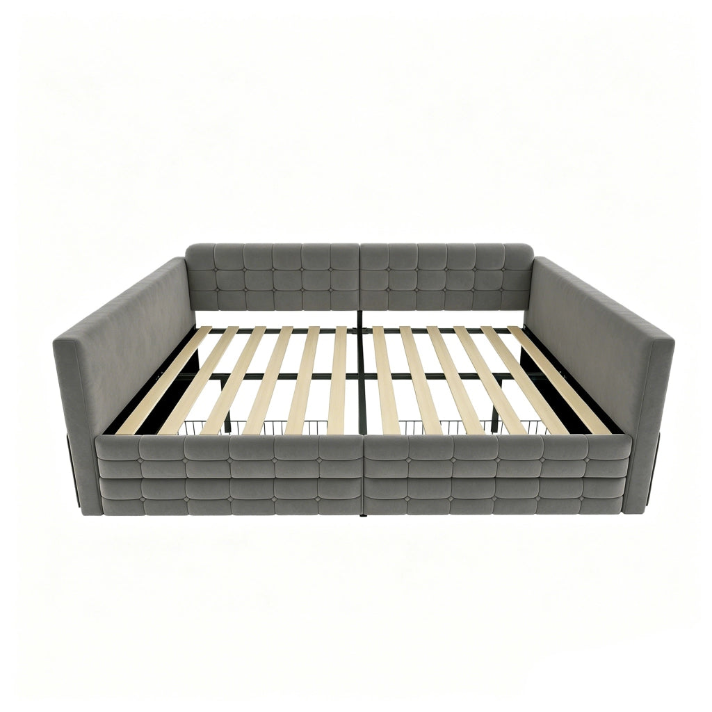 LETTO imbottito 140x190 cm grigio con cassetti e tasche laterali