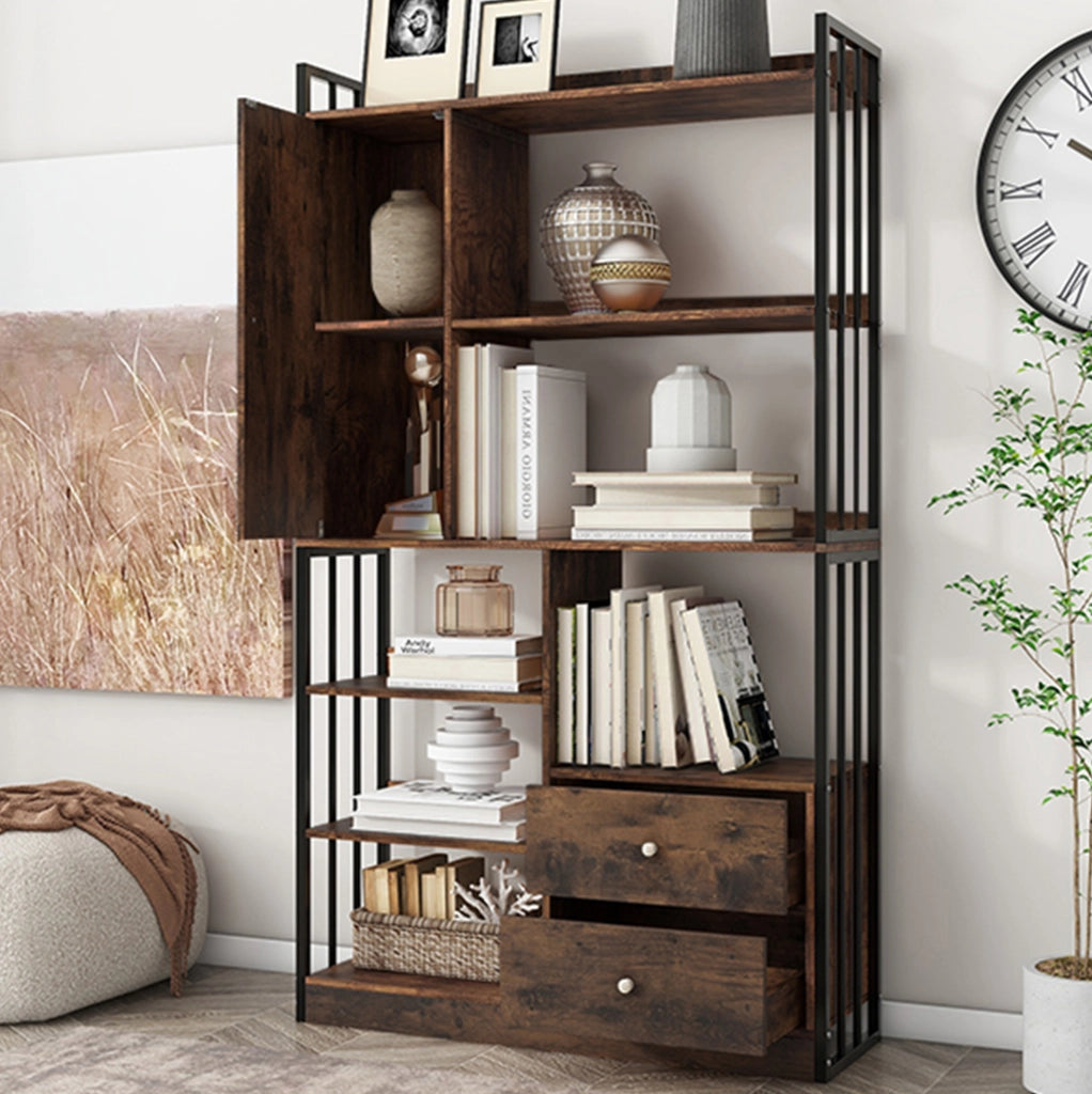 Libreria 100.0x30.0x173.5 cm con cassetti e armadietti in pannello truciolare marrone e nero