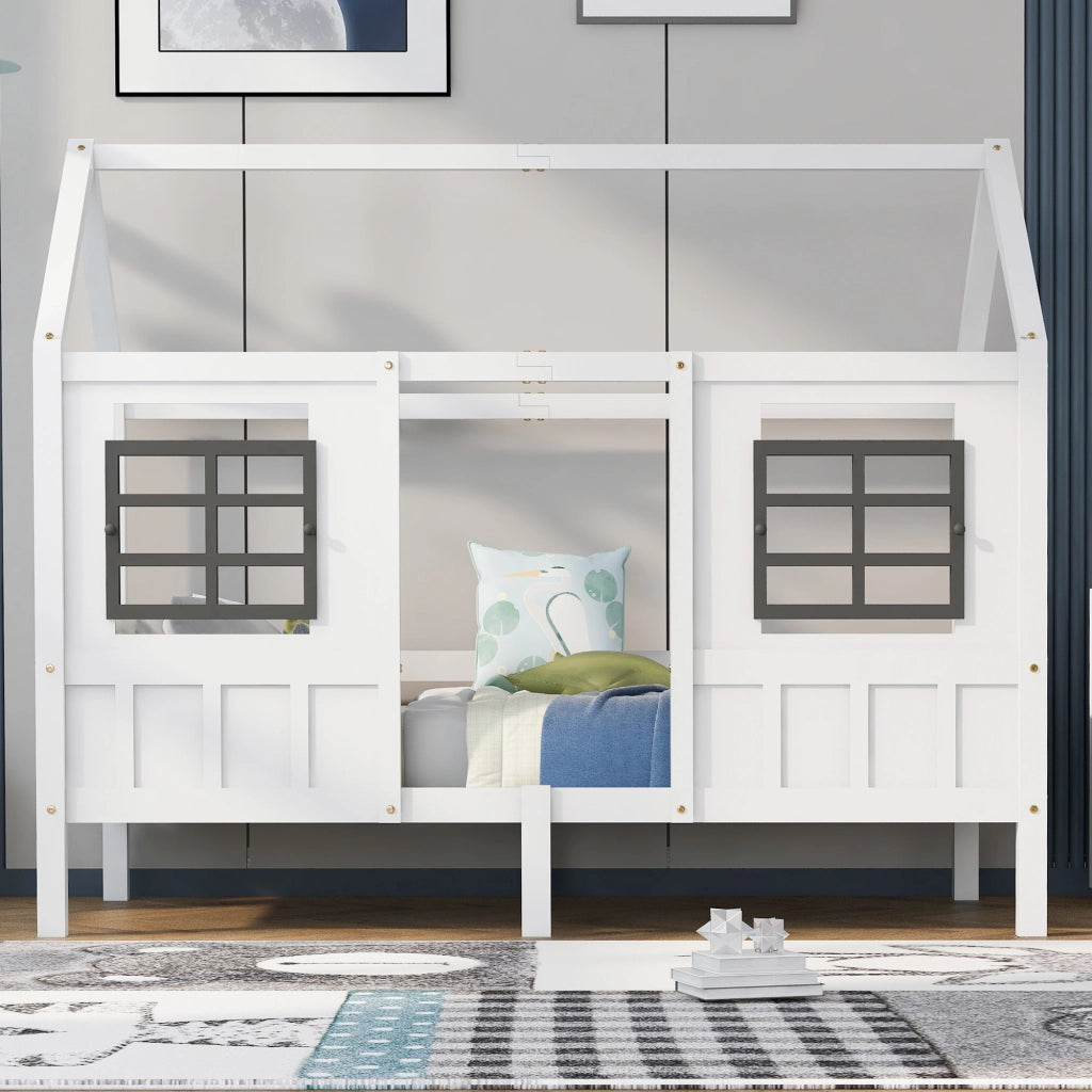Letto Casetta 200x90 cm; Letto Singolo - 2 Finestre e Sponde - in Legno Massello - Bianco